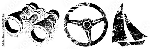 Nautical exploration rendered in gritty halftone style binoculars for scouting, steering wheel for control, sailboat for adventure. Vector symbols for maritime or travel themes.