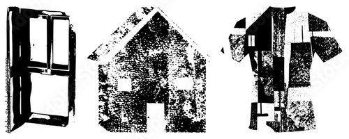 Vector halftone of fridge, home, and tee shirt, minimalist graphic design, isolated shapes, bold, aesthetic, digital illustration.