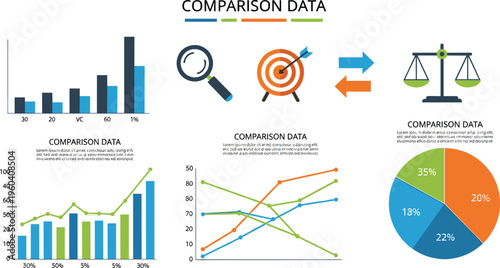 Comparison data infographic vector with charts graphs target analysis and balance concept for business reports dashboards and strategic decision presentation