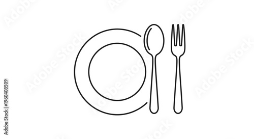 Minimalist Line Art Icon: Plate, Spoon, and Fork - Simple Dining Utensils Graphic