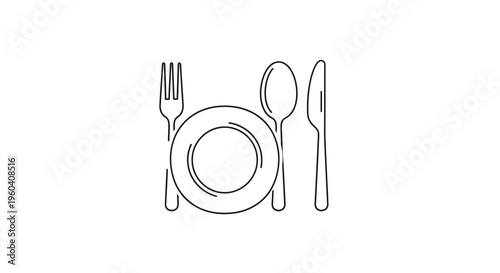 Minimalist Line Art Icon of Table Setting: Plate, Fork, Spoon, Knife on White Background