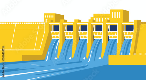 Modern Hydroelectric Dam with Water Flowing Through Gates