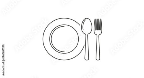 Minimalist Line Art Icon: Plate, Fork, and Spoon - Simple Dining Utensils Symbol