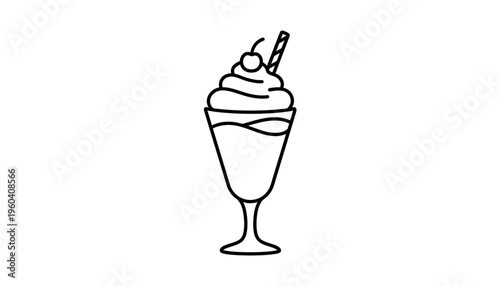 Minimalist line art illustration of a delicious ice cream sundae with cherry and straw