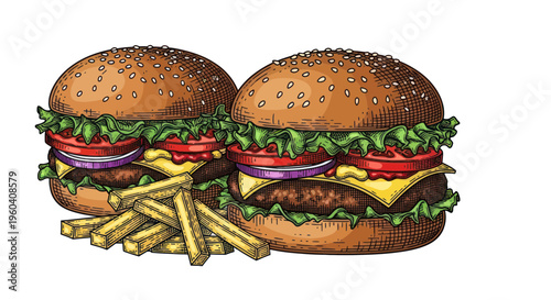Two Juicy Cheeseburgers with Fresh Toppings and French Fries, Hand Drawn Illustration
