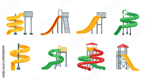 Collection of Colorful Water Slides for Amusement Park or Water Park - Vector Set