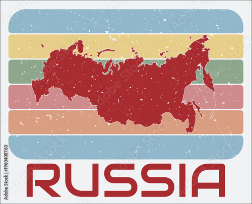 Russia vintage logo. Shape of the country on retro colored stripes background. Russia map design with grunge scratch texture. Vector illustration.