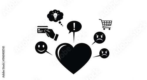 Emotional Shopping: A monochrome illustration of a heart, surrounded by shopping-related icons, symbolizes the emotional aspects of consumerism and decision-making.