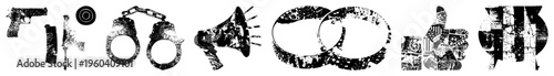 Distressed vector including firearm, restraints, megaphone, wedding bands, thumbs up, and speech bubble all in gritty with worn textures. Alternate terms symbols, pictograms.