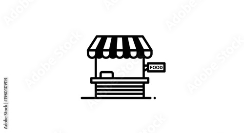Simple black and white icon of a food stall with a striped awning and 'FOOD' sign.