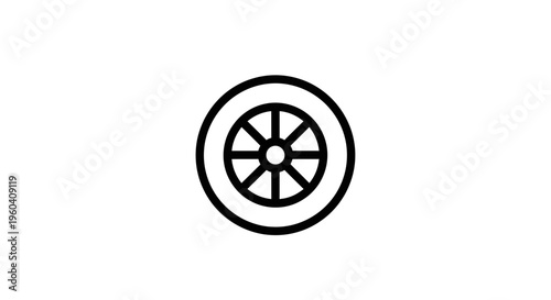 Simple black and white icon of a car wheel or tire on a white background