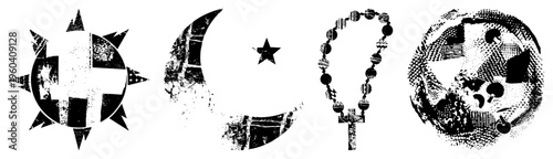 Islamic and star, rosary with, Eastern Orthodox sunburst, Catholic monstrance with halftone, gritty vector art, spiritual emblems, religious artifacts.
