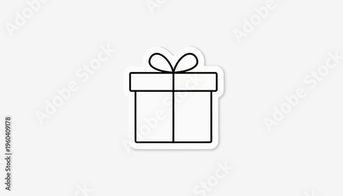 Simple Black and White Line Art Gift Box with Ribbon Bow, Isolated on White Background