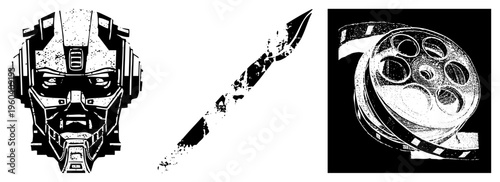 Sci fi robotic face, distressed blade, motion film reel, graphic design elements, black and white vector art, gritty texture, isolated.