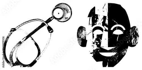 Medical stethoscope and stylized human face graphic, black and white halftone design, medical, stylized portrait, vector art.