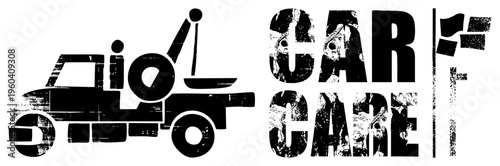 Distressed tow truck paired with gritty “CAR CARE” lettering, automotive service branding, vehicle recovery symbol, black and white vector design, rugged typography.