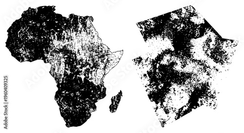 Weathered Africa map with speckled texture, abstract continent silhouette, vintage cartography style, geographic illustration, distressed map design.