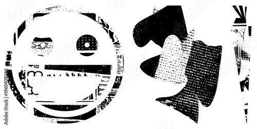 Distorted grunge face with glitch textures, fragmented shapes, bold black, stylized character design, urban art aesthetic.