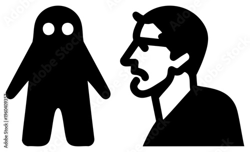 Two stylized figures, ghost with round eyes and man in profile, facing each other, minimalist, vector art, spooky encounter, ghostly interaction.