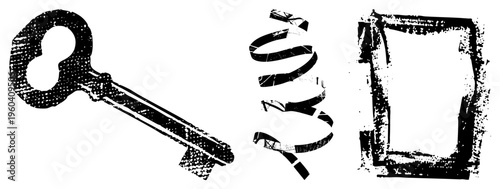 Hand drawn vector symbols antique key, spiral spring, framed rectangle., halftone texture, graphic design elements. Classic mechanical motifs, isolated assets for UI or illustration.