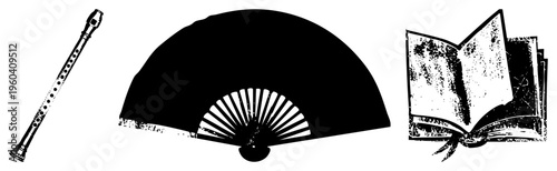 Recorder flute, folding fan, and open book with ribbon tie, classic vector, artistic elements, cultural symbols, educational and leisure motifs.