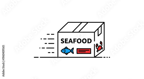 Seafood Delivery Box Icon with Fish and Crab, Express Shipping Concept