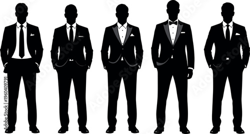 Silhouettes of men in suits vector illustration showing formal attire variations with ties, bow ties, lapels, fashion, business, elegance, style