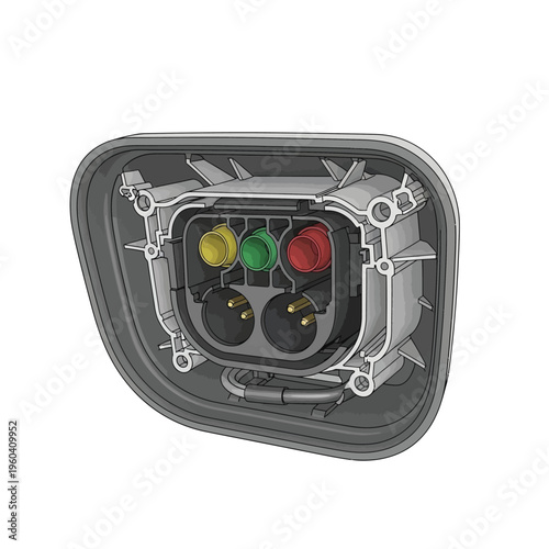 Close-up detailed view of an automotive taillight electrical connector and bulb sockets, showcasing internal wiring and component layout for vehicle lighting systems