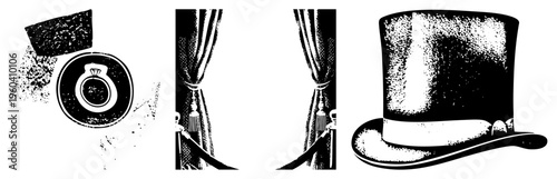 Antique engagement ring resting on velvet, ornate curtain tiebacks with tassels, dapper top hat with band, all in halftone vector style, isolated elements for design use.