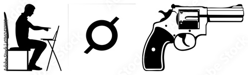 Black vector seated man gesturing at laptop, magnifying glass symbol, revolver pistol. Flat design, isolated elements, no background.