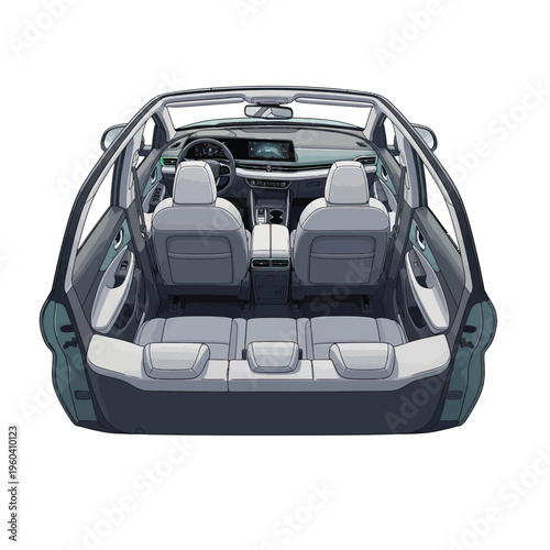 Top-down illustration of a modern car interior, showcasing spacious seating, detailed dashboard, and ergonomic cabin design, emphasizing passenger comfort and contemporary style