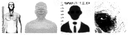 Four stylized human figures rendered in halftone dot, ranging from full body to close up eye, vector art, graphic design elements.