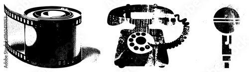 Classic film strip reel, rotary dial telephone, vintage microphone retro communication & symbols, halftone style, vector graphics.