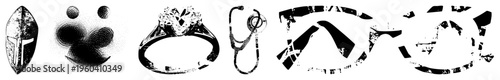 Set of stylized vector Spartan helmet, halftone abstract face, diamond ring, stethoscope, shattered glasses., textured, isolated graphic elements.