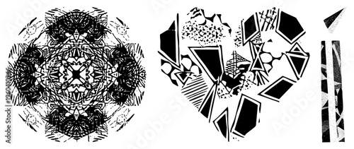 Black and white vector art featuring radial symmetry and shattered polygonal forms, graphic design elements, modern abstract compositions.