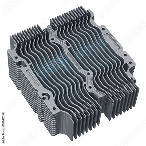 Detailed 3D rendering of a modern metallic heat sink component, designed with intricate wavy fins for efficient thermal management and advanced cooling in technological applications