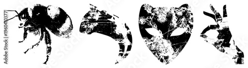 Graphic set of four vector bee, bat, alien mask, and hand gesture rendered in distressed halftone style, ideal for UI, branding, or print assets.