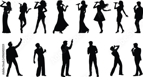 Fourteen singer silhouettes performing with microphones, showcasing dynamic poses, expressive stances, and musical entertainment for concert, lifestyle, and design.