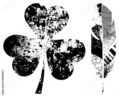 Grungy black silhouette of four leaf clover and feather, lucky charm symbols, rustic vector art, textured stencil style, isolated graphic design elements.