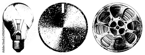 Classic film reel, incandescent bulb, halftone circle graphic vector for, cinema, and retro tech design.