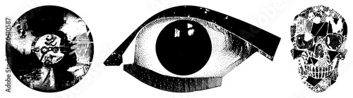 Graphic trio featuring stylized eye, cracked vinyl, and mosaic skull, rendered in halftone dots and bold black, ideal for alternative design, tattoo art, or music posters.