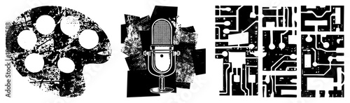 Film reel, classic microphone, abstract circuit board, distressed textures, vector art, retro tech aesthetic, isolated graphic elements.