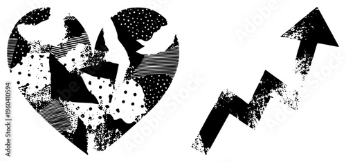 Heart symbol shattered into pieces, paired with upward trending arrow, conveying emotional recovery or growth, halftone texture, vector art, black and white.