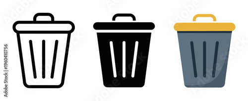 Trash bin icons set representing delete action for app, website, and user interface design in vector illustration