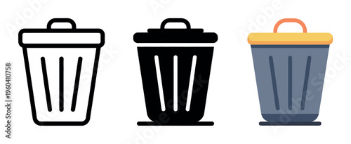 Trash bin icons set representing delete action for app, website, and user interface design in vector illustration