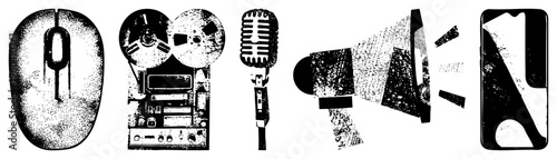 Retro computer mouse, reel to reel tape recorder, classic microphone, vintage megaphone, modern smartphone, all rendered in halftone, vector style, isolated foreground.