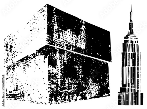Vintage halftone skyscraper, New City landmark, urban architecture, stylized cityscape, vector art, gritty texture, graphic illustration.