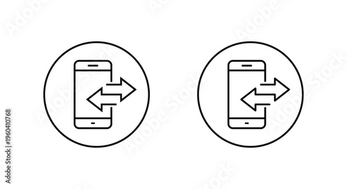 Mobile data transfer icon in circular outline. Smartphone transfer symbol. Phone call sync sign