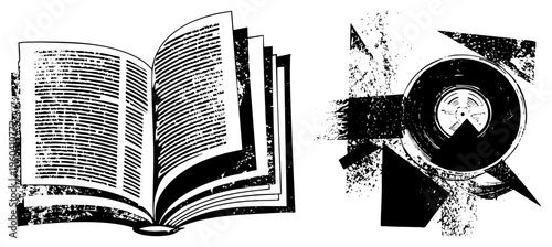 Vintage book with text and record player vinyl disc, stylized black and white vector art, halftone texture, isolated graphic elements for design use.