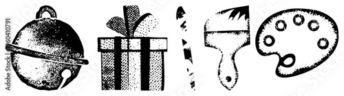 Holiday symbols including bell, gift box, candy cane, paintbrush, and palette rendered in halftone style. Perfect for seasonal graphic design, print, or digital interfaces.